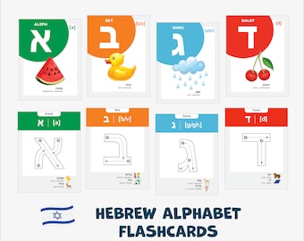 Hebrew alphabet flashcards tracing Hebrew letters Hebrew Language vocabulary printable Bilingual Cards with Pronunciations Jewish parents