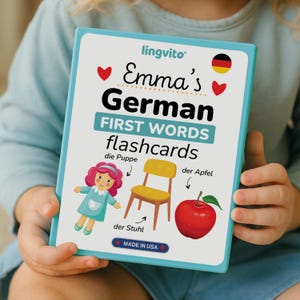 High-quality German flashcards set for kids and toddlers, designed to teach first words and everyday vocabulary. Includes 64 beautifully illustrated cards with words in German and English. Perfect for bilingual families, preschool teachers, and early learners. Durable, gift-ready flashcards that make learning fun, interactive, and educational for young children.
