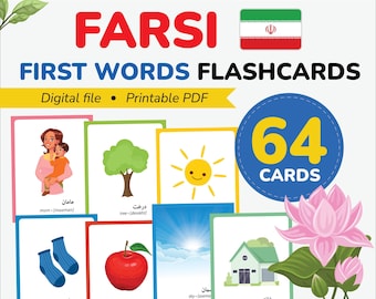 Pode incluir: Um conjunto de 64 cartões de primeiras palavras em farsi e inglês em formato PDF digital imprimível. Os cartões apresentam ilustrações coloridas de uma mãe e uma criança, uma árvore, um sol, meias azuis, uma maçã vermelha, um céu azul e uma casa verde.
