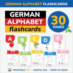 Tarjetas didácticas del alfabeto alemán para trazar letras alemanas, idioma alemán, vocabulario alemán imprimible, alfabeto alemán, aprender alemán para niños en edad preescolar