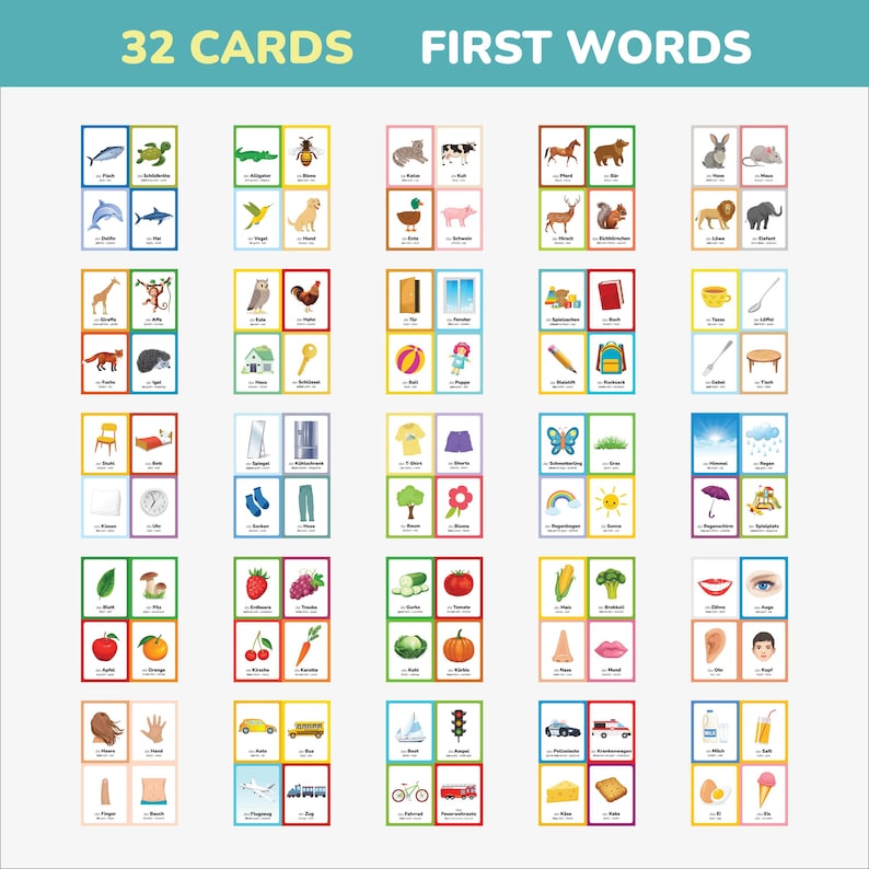 Complete German flashcards set with 64 bilingual first words for kids. Includes categories like animals, foods, household objects, and nature. Designed to build vocabulary in German and English while improving memory and pronunciation. Ideal for bilingual homes, Montessori classrooms, and preschool learning environments.