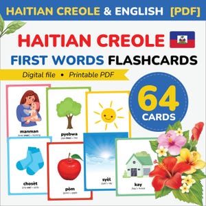 Tarjetas de memoria en criollo haitiano Primeras palabras en criollo Aprender el idioma criollo haitiano Vocabulario criollo imprimible Bebé Preescolar Enseñar SOLO DIGITAL