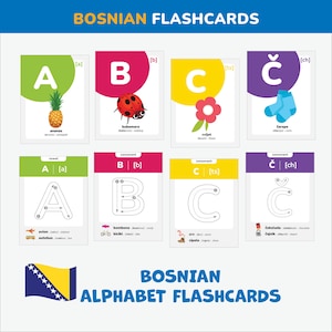 Bosnian alphabet flashcards tracing Bosnian letters Bosnian Language vocabulary printable Bilingual Cards with Pronunciations gift