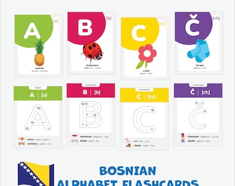 Bosnian alphabet flashcards tracing Bosnian letters Bosnian Language vocabulary printable Bilingual Cards with Pronunciations gift