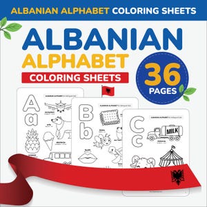 Hojas para colorear del alfabeto albanés Letras para trazar Fuente Alfabeto albanés imprimible Aprende albanés para niños Vocabulario del idioma imprimible