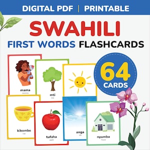 Swahili flashcards first words learn Swahili Language Swahili vocabulary printable Swahili Alphabet Swahili Mom kid gift Preschool teacher