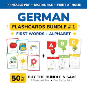 Pode incluir: Um pacote digital de flashcards em alemão com as primeiras palavras e o alfabeto. Os cartões exibem ilustrações coloridas de um tomate, mochila, arco-íris, casa, sol, flor, maçã, árvore e camaleão, juntamente com letras e texto.
