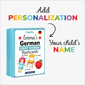 Personalized German flashcards for bilingual kids — add your child’s name to make learning special! Each card features colorful images, German and English words, and a pronunciation guide. Great educational gift for toddlers, preschoolers, and homeschoolers to build early vocabulary through visual learning and play-based activities.
