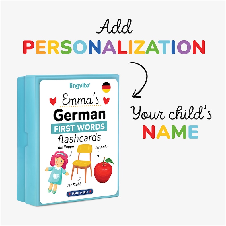 Personalized German flashcards for bilingual kids — add your child’s name to make learning special! Each card features colorful images, German and English words, and a pronunciation guide. Great educational gift for toddlers, preschoolers, and homeschoolers to build early vocabulary through visual learning and play-based activities.