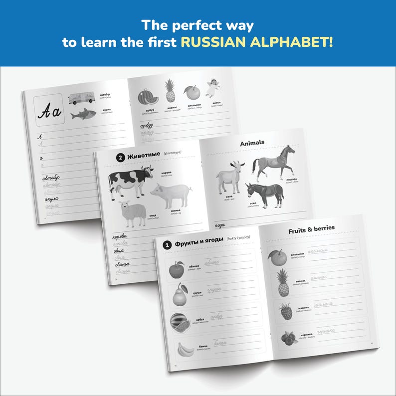 Puede incluir: Un libro de trabajo en blanco y negro con el t&iacute;tulo "The perfect way to learn the first RUSSIAN ALPHABET!" El libro de trabajo tiene p&aacute;ginas con im&aacute;genes de animales, frutas y verduras, y espacio para escribir el alfabeto ruso.