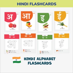 Tarjetas didácticas del alfabeto hindi que rastrean letras hindi Idioma Vocabulario de la India Tarjetas bilingües imprimibles Pronunciaciones Varnamala Swar Vyanjan