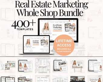May include: A digital marketing bundle for real estate agents. The image shows a laptop and desktop computer displaying a website with the text "Real Estate Marketing Whole Shop Bundle". The bundle includes 400+ templates and lifetime access.