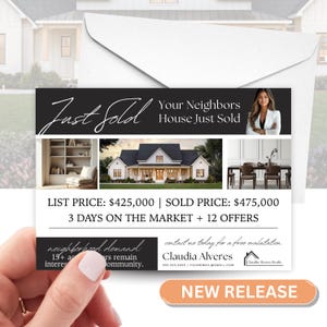 以下が含まれることがあります： 「Just Sold」と「Your Neighbors House Just Sold」のテキストが入った不動産マーケティングカード。カードには、家、リビングルーム、ダイニングルームの写真が掲載されています。カードには「New Release」の文字も含まれています。