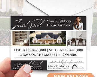 Plantilla de postal "Agente inmobiliario acaba de vender", marketing inmobiliario moderno (Canva editable, descarga digital)