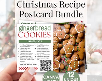 Plantilla editable de postal navideña con recetas inmobiliarias y códigos QR. Tarjetas de recetas digitales gratuitas. Idea de regalo navideño para marketing inmobiliario.