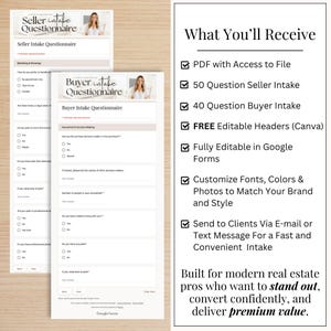 May include: Two white questionnaires titled "Seller Intake Questionnaire" and "Buyer Intake Questionnaire" with a list of features. The text includes "What You'll Receive" and details about the forms, including Google Forms and Canva.
