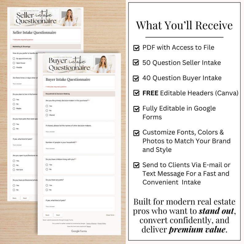 May include: Two white questionnaires titled "Seller Intake Questionnaire" and "Buyer Intake Questionnaire" with a list of features. The text includes "What You'll Receive" and details about the forms, including Google Forms and Canva.