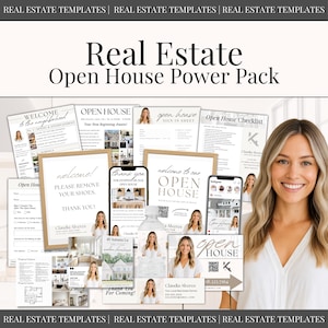 May include: A collection of real estate open house templates, including signs, checklists, and social media graphics. The design features a neutral color palette with a professional layout. The text "Real Estate Open House Power Pack" is displayed prominently.