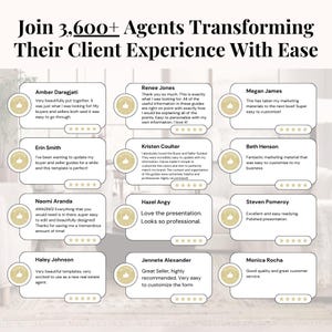 May include: Image featuring testimonials from 3,600+ agents. The text reads "Join 3,600+ Agents Transforming Their Client Experience With Ease." Testimonials are in white boxes with gold accents, each with a rating and a short review.