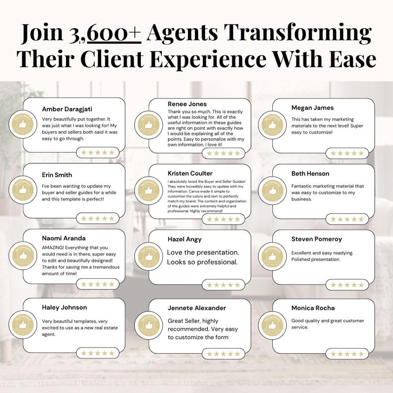 May include: Image featuring testimonials from 3,600+ agents. The text reads "Join 3,600+ Agents Transforming Their Client Experience With Ease." Testimonials are in white boxes with gold accents, each with a rating and a short review.