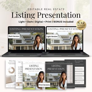 May include: A digital marketing presentation template for real estate agents. The template includes a dark and light version, as well as print versions. The template features a photo of a house and a woman.