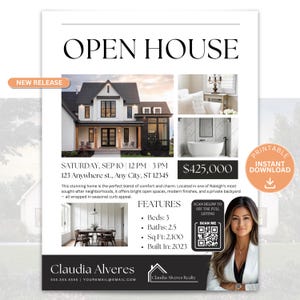 Könnte beinhalten: Immobilien-Flyer mit der Überschrift "OPEN HOUSE" und einem Foto eines modernen Hauses. Der Flyer enthält Details wie Adresse, Uhrzeit und Merkmale wie 3 Schlafzimmer, 2,5 Bäder und 195 qm. Ein QR-Code ist enthalten.