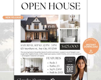 Modern Real Estate Open House Flyer Template with QR Code (Digital Download)