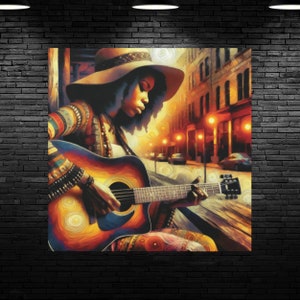 Beautiful African American Female Musician Playing a Guitar Canvas Wall Art, Guitarist Oil Painting Aesthetic, Boho Art Gallery Home Decor