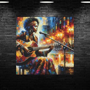 Beautiful African American Woman Playing a Guitar Canvas Wall Art, Trendy Musician Performer Oil Painting Aesthetic, Art Gallery Home Decor