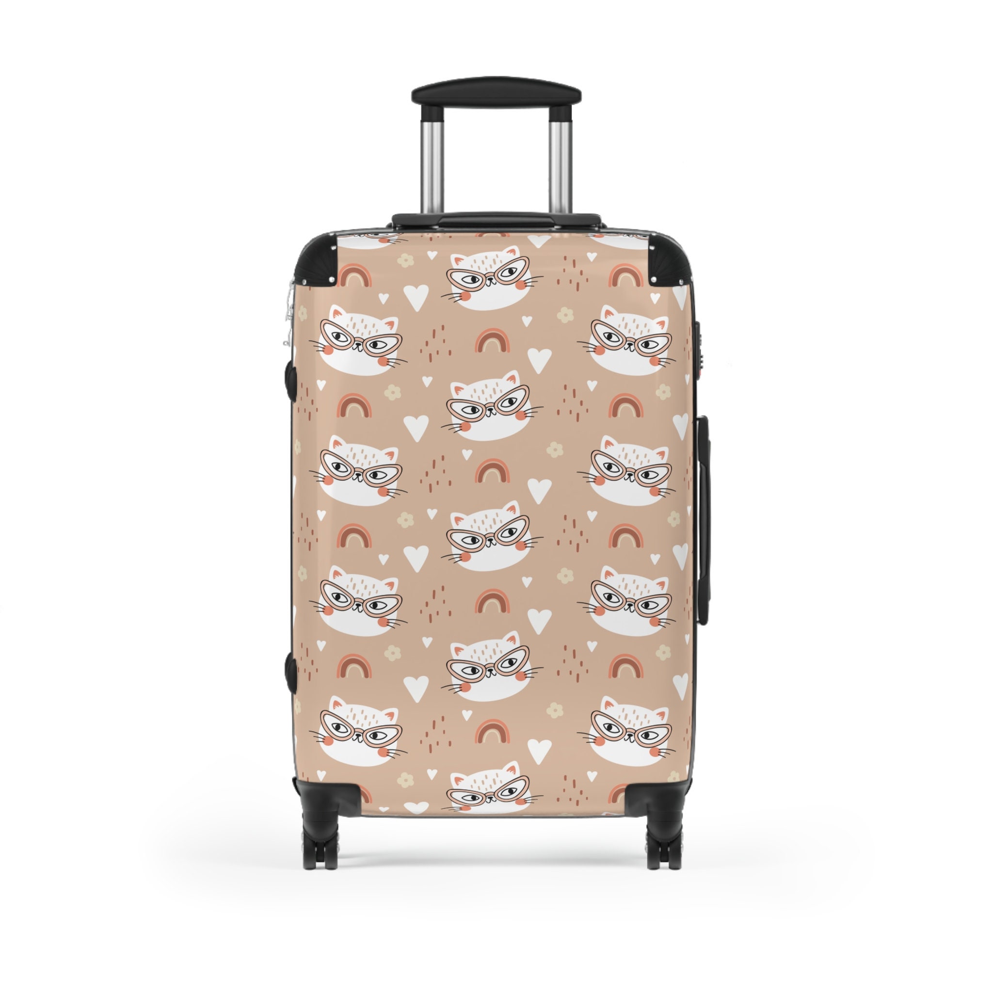 Cute Cat Wearing Glasses Print Matching Family Rolling Luggage Set, Animal Lover Cat Reading Print Suitcase Set