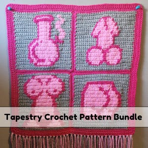 May include: A handmade tapestry crochet pattern bundle featuring four squares with pink phallic shapes on a gray background, framed with a pink border. The bottom edge has a pink fringe. The text "Tapestry Crochet Pattern Bundle" is at the bottom.