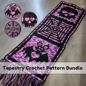 May include: A tapestry crochet pattern bundle featuring a long runner with black and variegated pink yarn. The design includes square motifs with a bat, a skull, and a geometric web pattern. The runner ends with long black and pink fringe tassels.