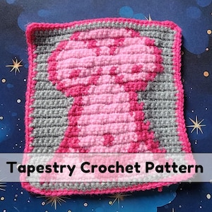 May include: A square tapestry crochet pattern featuring a pink mushroom design on a gray background, framed with a hot pink border. The words "Tapestry Crochet Pattern" are displayed at the bottom of the image.