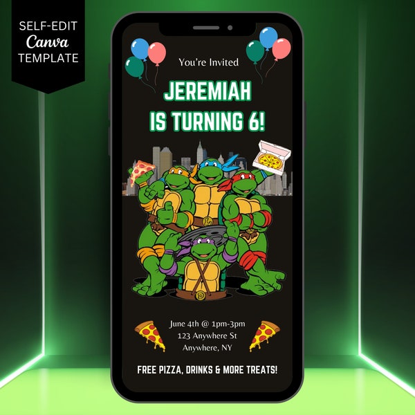 Digital Turtle Birthday Party Invitation, Animated Evite, Canva Template, Self Edit