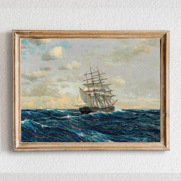 Nautical Seascape Сailing Ship Painting, Ancient Ship Artwork, Vintage Seascape , Marine Landscape,  Printable  Art Download | sc-5
