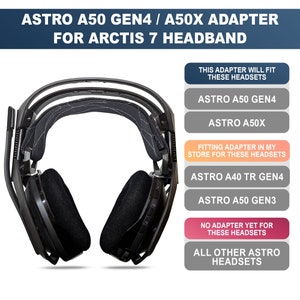 May include: A black Astro A50 Gen4 or A50X headset adapter for an Arctis 7 headband. The adapter is compatible with other Astro headsets, including the A40 TR Gen4 and A50 Gen3. The image also includes a list of headsets that are not compatible with the adapter.