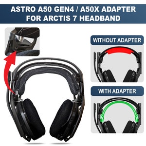 May include: A black Astro A50 Gen4 or A50X headset adapter for the Arctis 7 headband. The adapter is shown in two images, one with the adapter installed and one without. The adapter is designed to fit snugly on the headband and allows the headset to be used with the Arctis 7 headband.