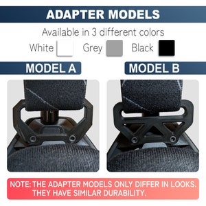 May include: Two different styles of seatbelt adapters for car seats. The adapters are black and made of plastic. The text on the image reads "Adapter Models" and "Note: The adapter models only differ in looks. They have similar durability."
