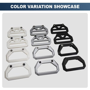 May include: Three sets of plastic handles in white, gray, and black. Each set includes two handles with a triangular design and two handles with a rectangular design.