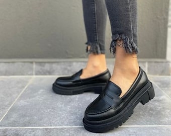 Mocassins pour femmes faits main, chaussures plates en cuir, chaussures décontractées, chaussures en cuir souple, chaussures à enfiler, mocassins épais, femmes, chaussures oxford décontractées