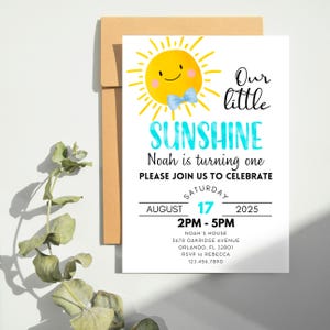 Convite de aniversário de 1 ano editável Sunshine Boy, Convite Sun, Convite de aniversário de 1 ano Sunshine, Nosso pequeno Sunshine 1º aniversário, Canva