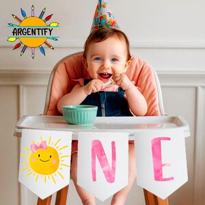 Sunshine Hochstuhl Banner Little Sunshine Girl 1. Geburtstag rosa Hochstuhl Banner ONE Sunshine Party Decor DRUCKBAR Digital