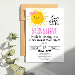 Convite de aniversário editável Sunshine para meninas, convite Sunshine, convite de aniversário de 1 ano Sunshine, nosso pequeno Sunshine, 1º aniversário, Canva