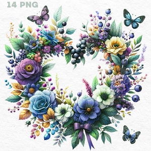 Aquarell Blumen Herz Clipart, 14 hochwertige PNG, Blumenherzen PNG, Herz Blumen, Liebesherz PNG Dateien, kommerzielle Nutzung