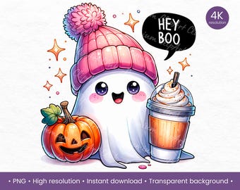 Cute Kawaii Halloween Ghost PNG with Bow, Pumpkin, Moon, and Stars | Autumn Ghost Art, Spooky Cute Ghost, Fall Leaves PNG