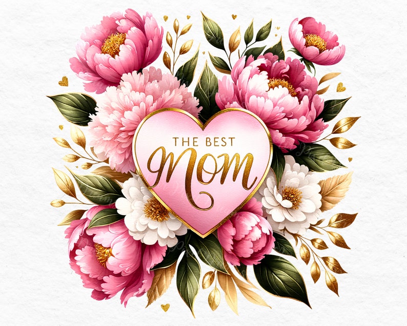 Puede incluir: Un coraz&oacute;n rosa con ribete dorado y el texto "THE BEST MOM" rodeado de flores rosas y blancas con hojas doradas.