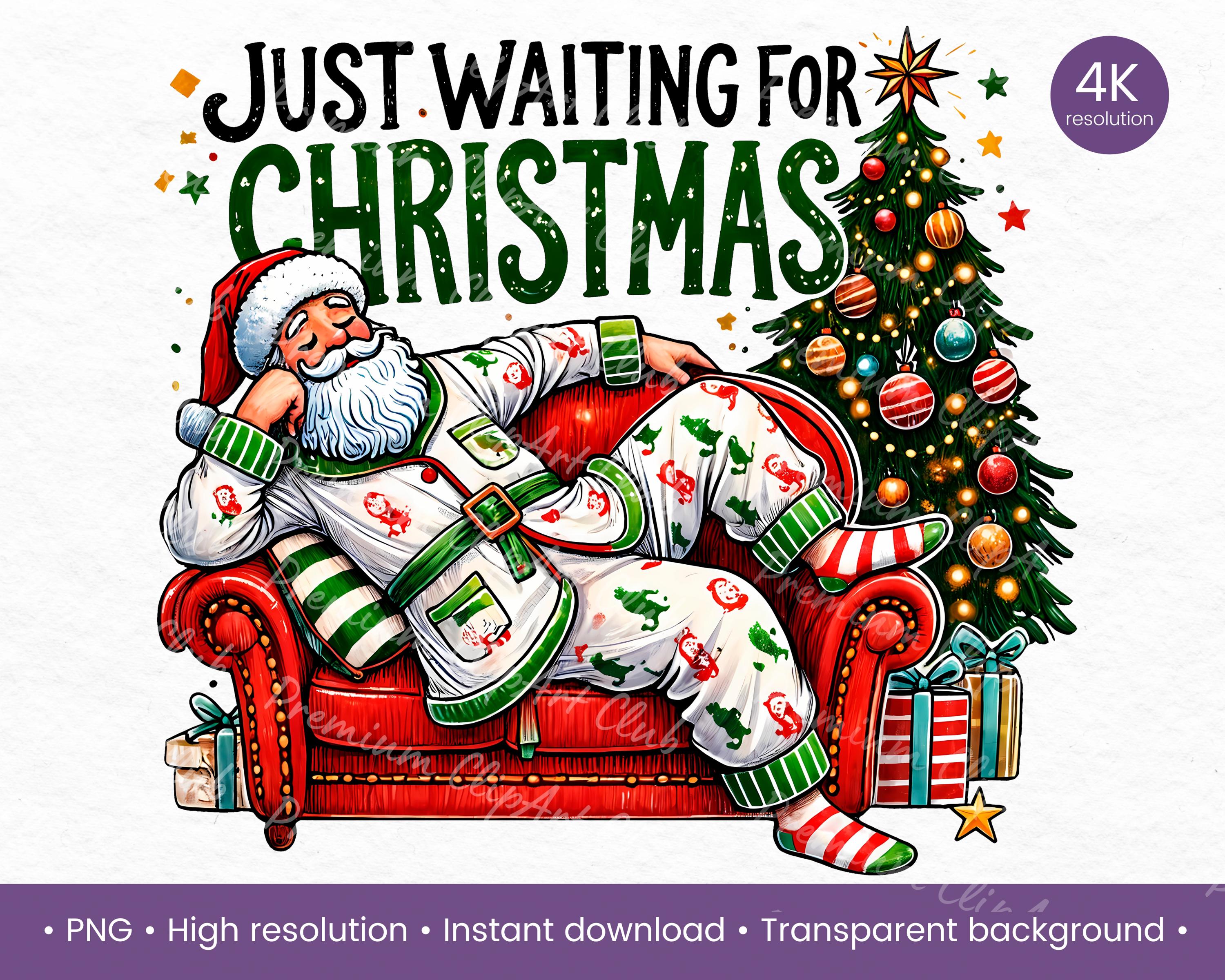 Festive Santa Waiting for Christmas Clipart Cozy Santa Claus with Christmas Tree Retro Christmas Vibes Holiday Cheer PNG