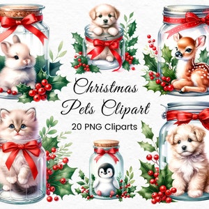 Christmas Pets Clipart - Festive Animal Jars, Holiday Mason Jar Decor, Seasonal Crafting PNG Collection