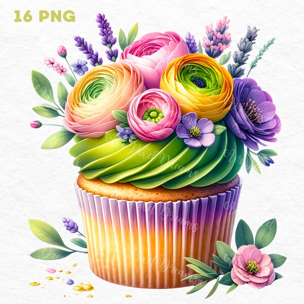 Floral Delight Cupcake Collection, Sweet Food Clipart, Watercolor Cupcake Clipart, Watercolor Sweets Png, Cupcake Junkjournal