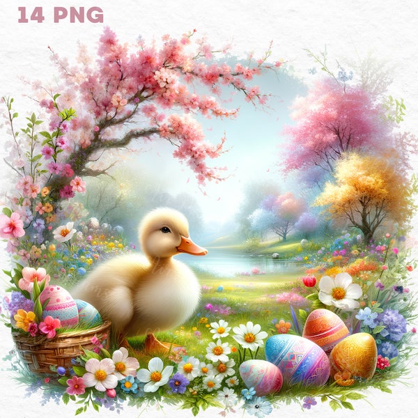 Springtime Duckling Delight: Easter Clipart Collection, 14 PNG, Duckling Clipart, Watercolor Duck, Baby Duck Clipart, Digital Download